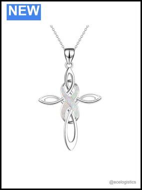 Sterling Silver Celtic Knot Cross Necklace Opal Pendant 16in